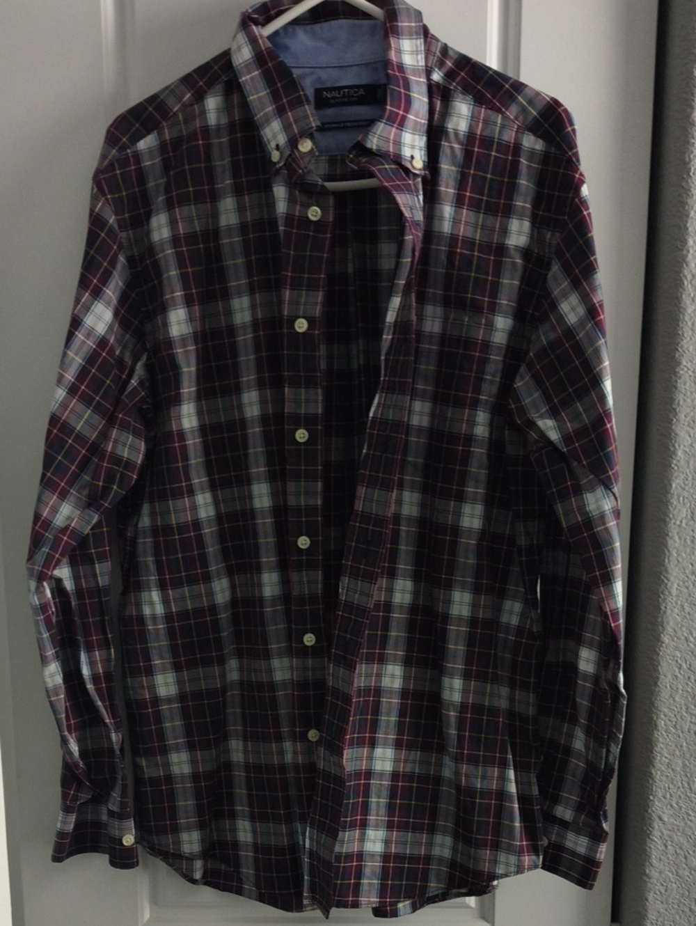 Nautica Men's Navy and Burgundy Plaid Button-Down Shirt